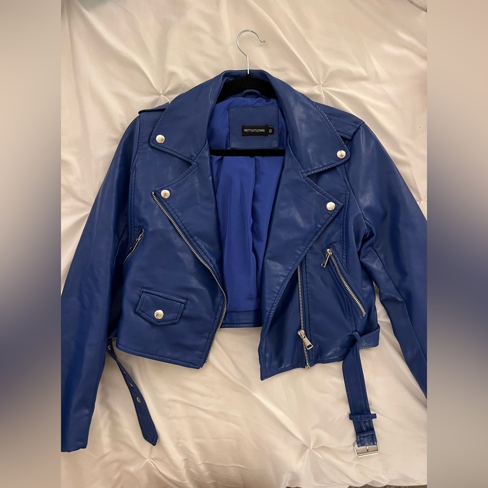 Prettylittlething royal blue cropped leather jacket size 8